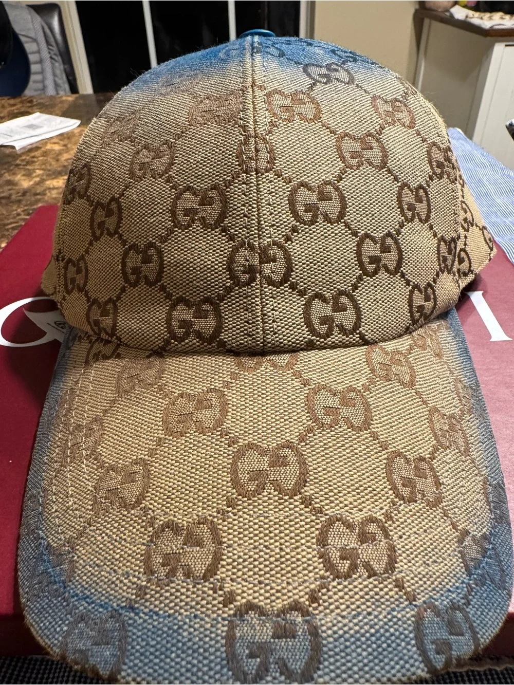Gucci Beige & Brown GG Canvas Baseball Cap with Blue Tint